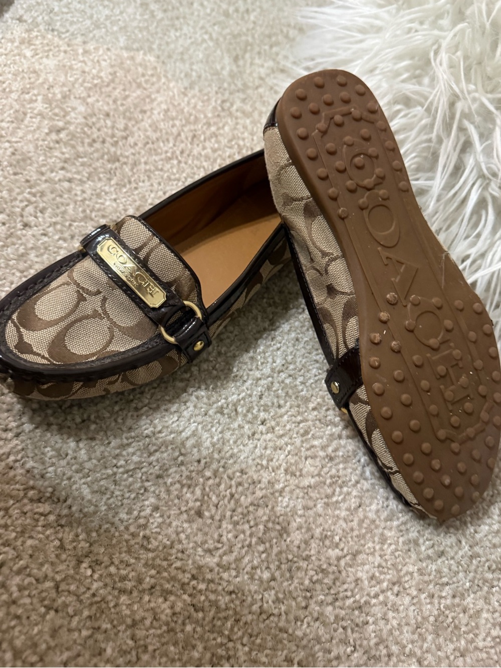Coach Tan & Dark Brown Signature Canvas Driving Loafers